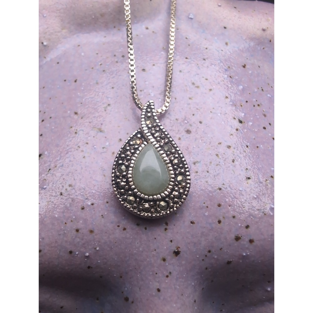 Vintage 925 NV Sterling Silver Jade Marcasite Teardrop Pendant 10" Necklace - Picture 10 of 11